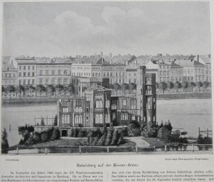 Schloss Badelsberg Nachbau aus Holz und Pappe für Kaiser Wilhelm I. auf der Hamburger Binnenalster.