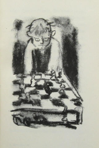 Illustration von Hans Fronius gegenüber der Seite 14 zum Text der Schachnovelle:
