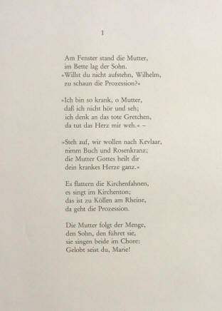 Heinrich Heine Gedicht die Wallfahrt nach Kevlaar, Textseite aus dem Mappenwerk mit Holzschnitten von HAP Grieshaber