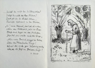 Heinrich Heine Gedicht Gespräch auf der Paderborner Heide. Lithografie vom Künstler Robert Kirchner handsigniert.