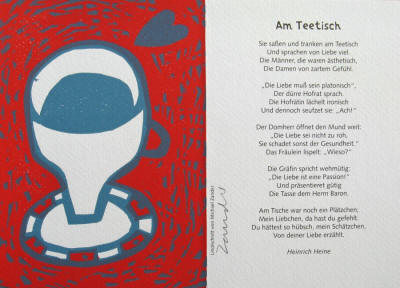 Heinrich Heine Gedicht am Teetisch. Linolschnitt vom Künstler Michael Zander signiert.