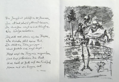 Heinrich Heine Buch der Lieder Die Heimkehr Gedicht Die Jungfrau schläft in der Kammer. Lithografie von Robert Kirchner zum Totentanz.