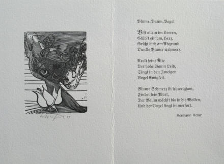 Hermann Hesse Gedicht Blume, Baum, Vogel. Original Holzstich von Wolfgang Würfel signiert.