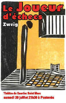 Stefan Zweig Schachnovelle Theater Plakat Le Joueur d'échecs Frankreich 2013, Holzschnitt von Elke Rehder