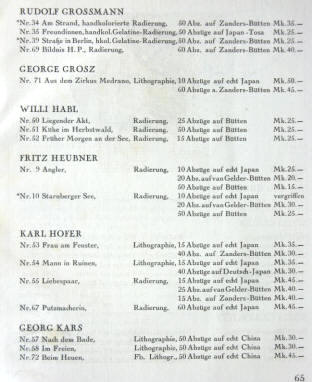 Graphik von Rudolf Großmann, George Grosz, Willy Habl, Fritz Heubner, Karl Hofer und Georg Kars.