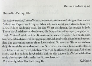 Brief von Karl Hofer an Jakob Hermelin, 1924