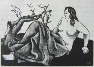 Karl Rössing Holzschnitt "Frau in Landschaft"