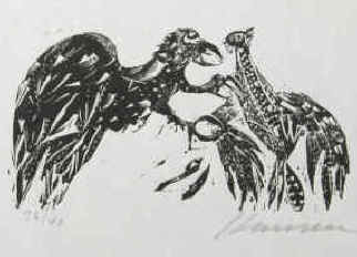 K.-H. Hansen-Bahia - Adler. Handsignierter Original-Holzschnitt von K.-H. Hansen-Bahia. Ring der Nibelungen. Der Adler zerfleischt den von Kriemhild geträumten Falken.
