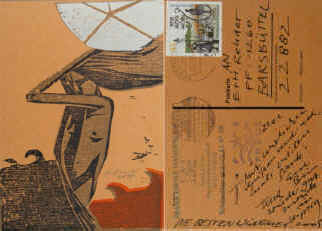 Frank Eißner - Handsignierte Kunstpostkarte mit farbigem Original-Holzschnitt von Frank Eißner.