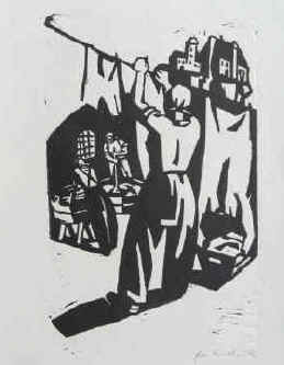 Eva Schulze-Knabe - Ohne Titel (Frauen waschen und hängen Wäsche auf die Leine). Handsignierter Original-Linolschnitt von 1934