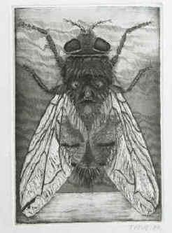 TITUS (d. i. Ingrid Egert) - Die Fliege (Fliege mit Gesicht auf dem Rücken). Handsignierte Original-Radierung von Titus.