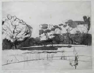 Hamel, Vincent - Ohne Titel. (Landschaft mit Bäumen und Häusern). Handsignierte Original-Radierung von Vincent Hamel.