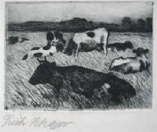 Friedrich Schaper - Radierung, Kühe auf der Weide, signiert 1927.