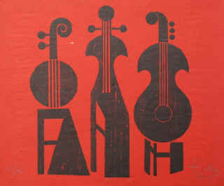 Hans Ticha - Trio. Holzschnitt auf dünnem roten Japanpapier. Der Holzschnitt ist vom Künstler signiert, datiert 2005 und nummeriert. Auflage 40 Exemplare.