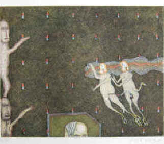 Original-Radierung von Felix Waske aus der Serie "Journey to Soul". Motiv Format 15,7 x 19,5 cm auf Blattformat 33 x 34,5 cm. In der Edition Art Brusberg Hannover 1978 erschienen. Mit Blindstempeln der Radierwerkstatt Kurt Zein, Wien und der Edition Brusberg, Hannover. Farbradierung vom Künstler signiert, datiert 78 (1978) und nummeriert. Auflage 100 Exemplare.