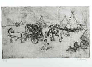 Künstler Peter Stephan geboren 1927 Radierung fahrendes Volk, Nomaden.