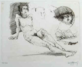 Künstler Karl Otto Jung, weiblicher Akt mit Faun. Radierung von Karl Otto Jung signiert.