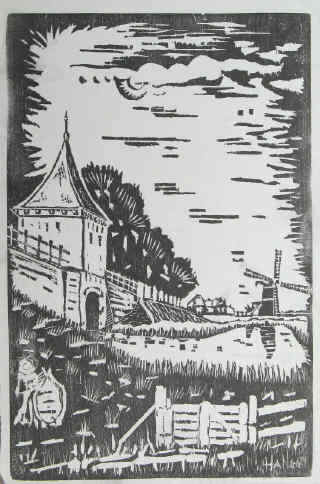 Enkhuizen, Nederland  Wappen Windmühle, Gracht. Holzschnitt 1. Probedruck 8.4.1966.