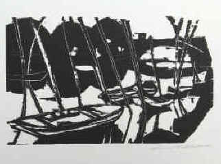 Hanno Edelmann - Boote auf der Seine. Original Holzschnitt von 1953 von Hanno Edelmann signiert.