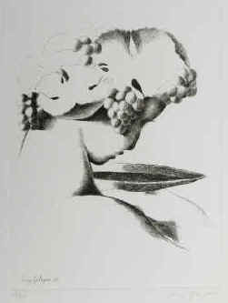 artist Luigi Galligani, portrait with wine grapes, engraving, etching signed by Luigi Galligani.