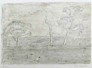 Künstler Ernst Morgenthaler - Südliche Landschaft mit 2 Vögel. Farblithographie, farbige Lithographie von Ernst Morgenthaler signiert.