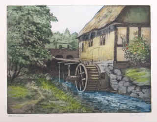 Danske vandmølle ætsning Wassermühle. Original colour etching signed and titled by the artist.