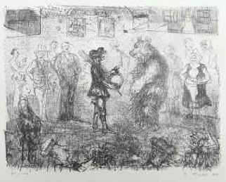 Künstler Peter Zeiler, Lithographie Tanzbär mit Zuschauer. 1969 vom Peter Zeiler signiert und nummeriert. 