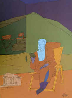 art poster artist Valerio Adami . Pipe smoking man reading in a deckchair.