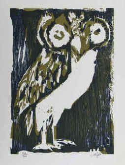 artiste Bernhard Lorjou - Le Hibou - woodcut Owl. Gravure sur bois couleur.
