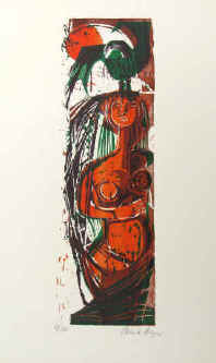Künstlerin Maria Beine-Hager - farbiger Linolschnitt Ohne Titel . Frau mit Vogel auf dem Kopf. Farblinolschnitt von Maria Beine-Hager signiert.