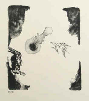 artist Pavel Pepperstein -  Kleine mystische Szene. Lithographie signiert 1998.