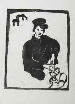 Künstler Adolf Brunner, Holzschnitt russischer Junge und 2 Pferde auf der Weide. Holzschnitt von Adolf Brunner signiert.