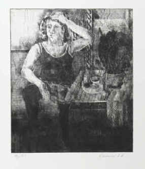 Künstler Dieter Kraemer - Frau am Tisch. Original Radierung von Peter Kraemer 1966 signiert.