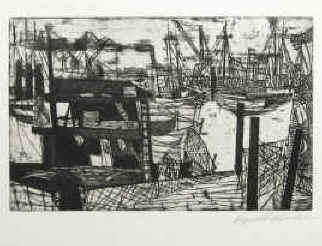 Hanno Edelmann - Hamburger Hafen. Original Radierung von Hanno Edelmann 1959 signiert.