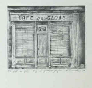 Künstlerin Martina Dünwald, geboren 1959 in Leverkusen, Lithographie  Café du Globe von 1986 signiert.