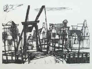 Hanno Edelmann - Brücke in Edam. Original Lithographie von Hanno Edelmann 1957 signiert.