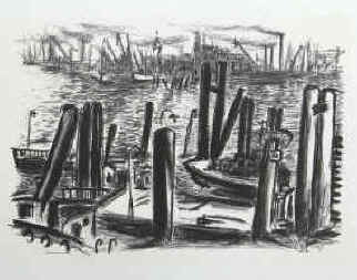 Laure Malclès-Masereel - Hamburger Hafen. Original Lithographie von Laure Malclès-Masereel 1963 im Stein signiert