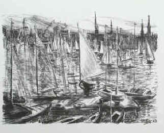 Laure Malclès-Masereel - Segelboote auf der Alster. Original Lithographie 1963 von Laure Malclès-Masereel im Stein signiert.