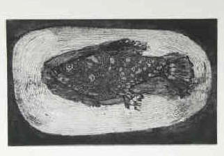 Reinhard Drenkhahn - Radierung toter Fisch, Lippfisch auf ovaler Platte, Original Radierung vom Hamburger Künstler Reinhard Drenkhahn.