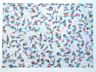 George Chemeche - Figures and leaves (red, blue, green, black). Original color lithograph numbered and signed by the artist George Chemeche.
