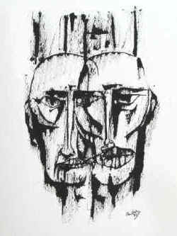 Ohne Titel (Doppelkopf oder zwei Gesichter). Handsignierte Original-Scribtol -Zeichnung von Klaus Chelig (?)