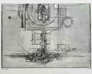 abstrakte Komposition mit geometrischen Elementen. Original Radierung signiert und nummeriert. Auflage 150 Exemplare.