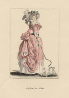 "Gallerie des Modes". Die handkolorierte Graphik zeigt eine junge Dame in Straßenkleidung des 18. Jahrhunderts mit einem weißen Pudel Hund an der Hundeleine. 