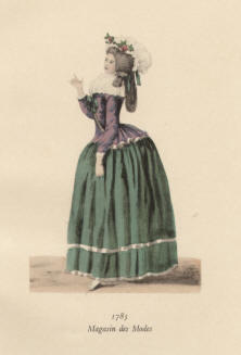 "1785 Magasin des Modes". Die handkolorierte Graphik zeigt eine Dame in grünem Kleid des 18. Jahrhunderts.