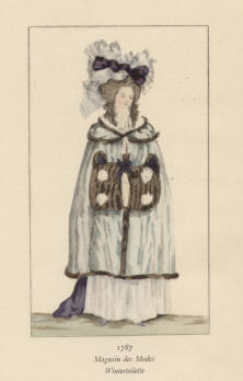 "1787 Magasin des Modes, Wintertoilette". Die handkolorierte Graphik zeigt eine junge Dame in Winterkleidung des 18. Jahrhunderts mit einem Muff aus Pelz. 