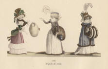 "1787 Magasin des Modes". Die handkolorierte Graphik zeigt drei Damen jeweils mit Hut und Muff im 18. Jahrhundert.