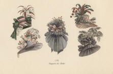 "1787 Magasin des Modes". Die handkolorierte Graphik zeigt fünf verschiedene Damenhüte aus dem 18. Jahrhundert.