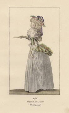 "1788 Magasin des Modes, Straßenkleid". Die handkolorierte Graphik zeigt eine junge Dame im blauen Straßenkleid des 18. Jahrhunderts mit Fächer in der Hand.