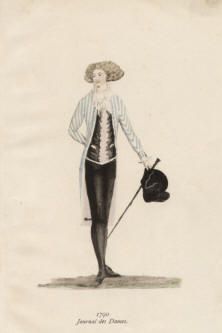 "1790 Journal des Dames". Die handkolorierte Graphik zeigt einen jungen Mann im 18. Jahrhundert mit Spazierstock und Hut in der Hand.
