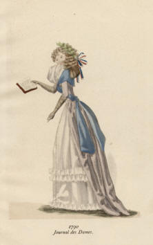 "1790 Journal des Dames". Die handkolorierte Graphik zeigt eine junge Dame im 18. Jahrhundert mit einem aufgeschlagenen Buch in der Hand.